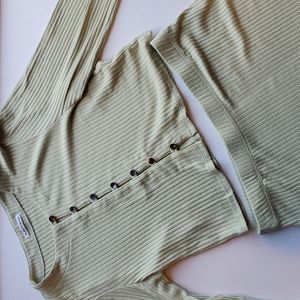 Reformation Light Sage Green Ribbed Cropped Cardigan and Skirt Set XL NWOT